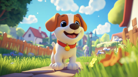 This vibrant illustration features a cute cartoon dog smiling joyfully in a colorful garden. The bright atmosphere showcases a sunny day, ideal for outdoor adventures.の素材