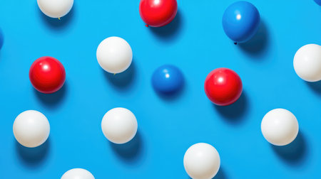 A lively assortment of colorful balloons in red, white, and blue floats against a bright blue background, ideal for festive occasions and celebrations.の素材