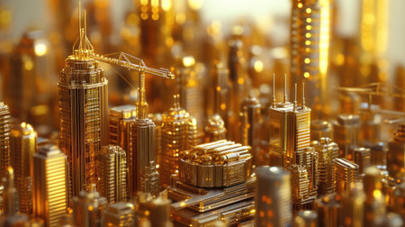 This stunning golden cityscape model captures intricate details of high-rise buildings and clever design elements, emphasizing urban beauty and innovation.の素材