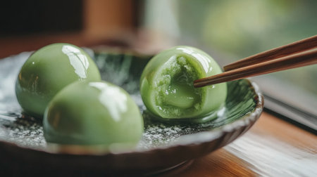 Delight in the beauty of fresh green mochi displayed on a rustic plate. This smooth and creamy dessert captures the essence of traditional Japanese sweets.の素材