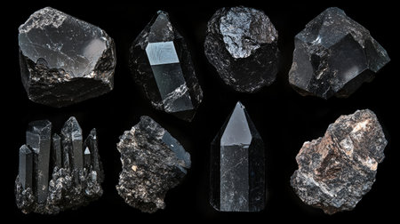 This stunning collection features various black crystals and stones against a black backdrop, highlighting their natural beauty, intriguing textures, and unique formations.の素材