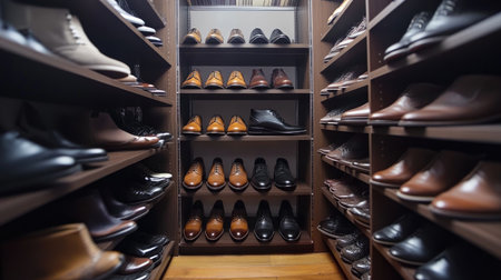 This image features a spacious closet filled with a diverse selection of men's shoes displayed neatly on organized shelves, showcasing various designs and quality materials.の素材