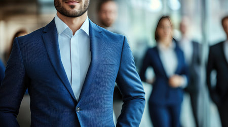 A confident business professional wearing a tailored suit stands prominently in a modern office setting, exemplifying leadership and teamwork.の素材