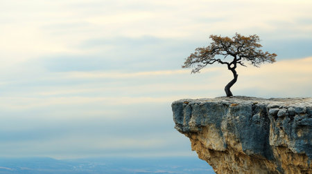 A solitary tree stands majestically on the edge of a rugged cliff, creating a striking contrast against the cloudy sky and vast landscape below.の素材