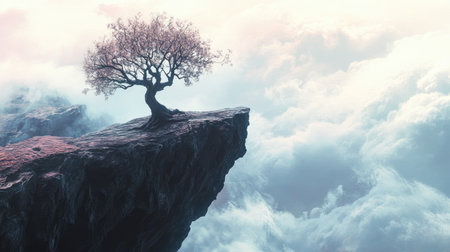 A stunning depiction of a solitary tree perched on a rocky ledge above soft clouds, creating a peaceful and dreamlike atmosphere ideal for nature lovers.の素材