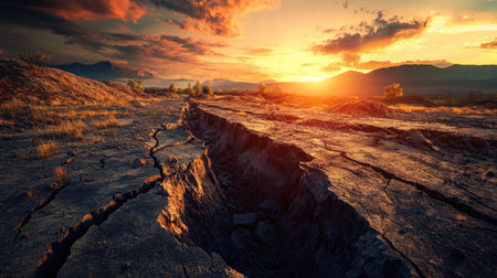 A breathtaking landscape showcasing a cracked earth terrain under a stunning sunset sky. The warm colors combine with the dramatic mountain backdrop, inviting exploration.の素材