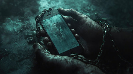 A haunting image depicts a hand grasping a smartphone bound in rusty chains, symbolizing the struggle of technology and feelings of isolation in a dark, atmospheric setting.の素材