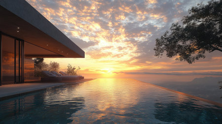 A breathtaking sunset casts warm colors over a modern infinity pool, creating a perfect escape. The serene mountain view and calm water evoke relaxation and luxury.の素材