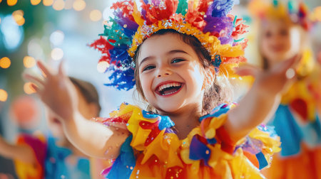 A joyful little girl dressed in a vibrant costume beams with laughter while celebrating in a lively festive atmosphere, surrounded by happiness.の素材