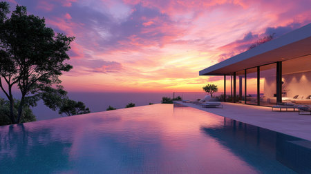 Experience a stunning sunset view showcasing an infinity pool at a modern villa, with vibrant colors reflecting on the serene water surface, surrounded by nature.の素材