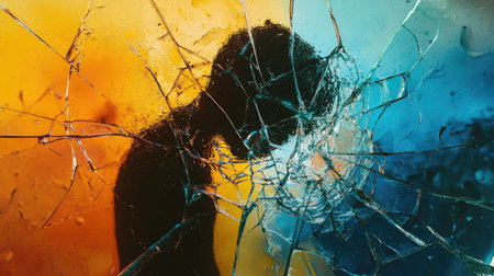 A haunting image of a silhouette behind shattered glass, expressing deep emotions of vulnerability and distress against a vivid and colorful backdrop.の素材
