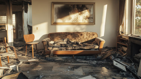 A sunlit living room showcases the aftermath of a fire disaster, featuring burnt furniture and an ash-covered floor, evoking emotions of loss and neglect.の素材
