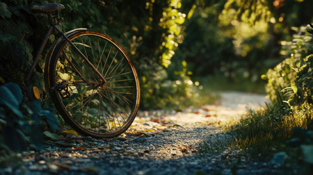 A vintage bicycle leans against a tree in a sunlit forest pathway, surrounded by lush greenery and vibrant leaves, creating a peaceful and scenic outdoor escape.の素材