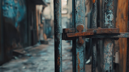 A close-up image of a rusty metal gate secured with a lock, set in an abandoned alleyway. The weathered walls and dim lighting create an atmosphere of decay and mystery, evoking a sense of solitude.の素材
