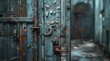 A close-up view of a rusty metal gate with peeling paint, set in an abandoned industrial space. The image captures the essence of decay and forgotten history.の素材