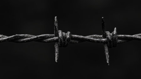 Captivating black and white close-up of barbed wire, showcasing intricate textures and shadows against a dark background, evoking emotion and intrigue.の素材
