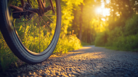 A close-up view of a bicycle wheel resting on a gravel path surrounded by lush greenery, illuminated by warm sunlight during dusk, evoking a sense of adventure.の素材