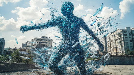 This captivating artwork features a human figure composed of recycled plastic bottles, symbolizing environmental awareness and sustainability amidst an urban setting.の素材