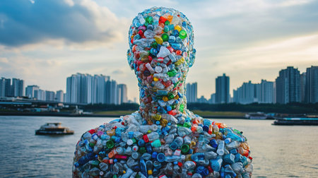 This striking sculpture of a human figure made entirely of plastic waste stands by a river, symbolizing environmental pollution and calling for sustainability awareness.の素材