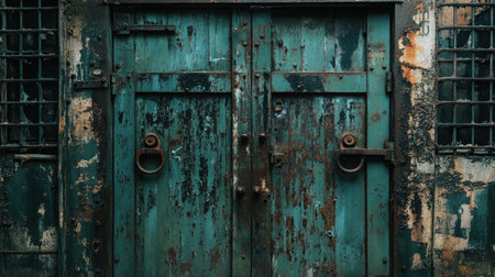 This image features a pair of weathered double doors with a rich blue patina and rust, showcasing a fascinating blend of texture and urban decay.の素材