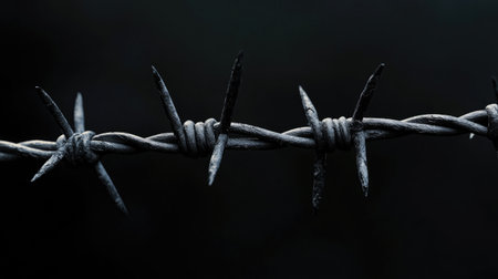 A striking close-up of rusty barbed wire highlights its sharp points and intricate texture set against a dark background, evoking feelings of danger and tension.の素材