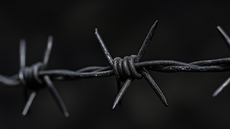 This close-up image captures black barbed wire with sharp spikes against a dark background, symbolizing security, danger, and confinement in various settings.の素材
