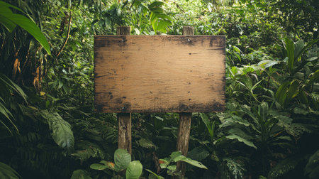 A blank wooden sign supported by a rustic post stands prominently in a lush tropical jungle, surrounded by vibrant greenery and thriving foliage, ideal for outdoor signage.の素材