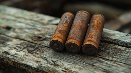 Three rusty metal cartridges resting on a weathered wooden surface, illuminated by soft natural light, showcasing texture and decay in a rustic setting.の素材