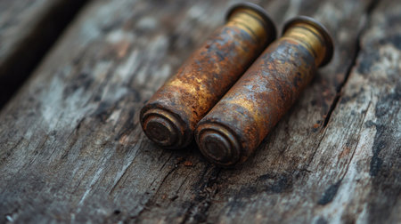 This close-up image showcases two rusty bullet shells resting on a weathered wooden surface, highlighting the intricate textures and rustic charm.の素材