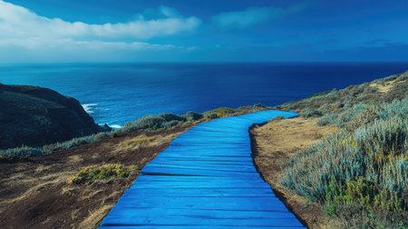 A captivating view of a blue wooden pathway winding through lush grass, leading to a tranquil ocean. The cloudy sky adds a serene atmosphere to the landscape.の素材