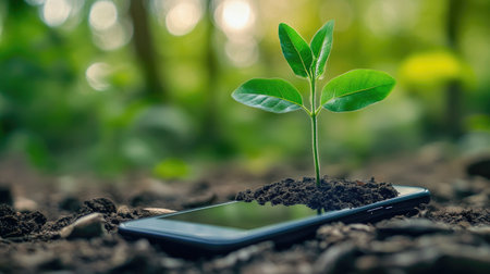 A smartphone rests on fertile soil with a small green plant emerging, showcasing the intersection of technology and nature, embodying hope for a sustainable future.の素材