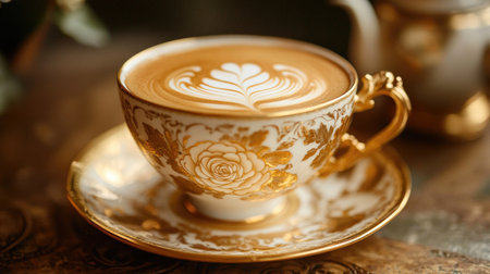 A beautifully crafted coffee cup featuring an elaborate gold design and expertly created latte art, ideal for inspiring culinary passion and moments of enjoyment.の素材