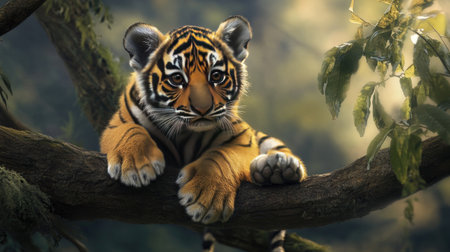 A charming young tiger rests on a tree branch, showcasing its vibrant fur and playful demeanor in a lush, green jungle setting. Perfect for wildlife enthusiasts!の素材