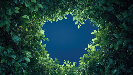 A captivating view of lush green leaves creating a natural frame around a serene blue sky, evoking peace and inspiration in a tranquil outdoor setting.の素材