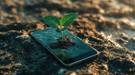 A vibrant green plant emerges from a smartphone screen set on a weathered surface, capturing the intersection of nature and technology in a unique perspective.の素材