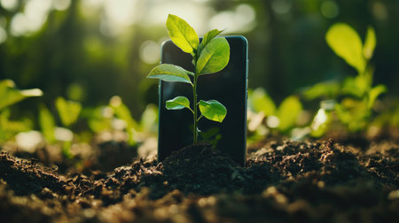 A vibrant green plant emerges from rich soil, juxtaposed with a modern smartphone, illustrating the blend of nature and technology in a growing environment.の素材