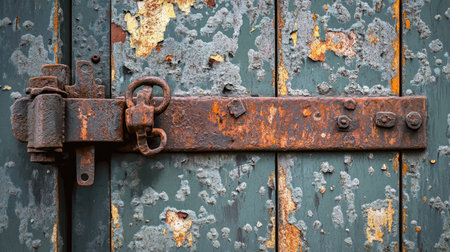 A close-up view of a rusty metal latch on a weathered wooden door, showcasing intricate details and textured surfaces that convey history and durability.の素材