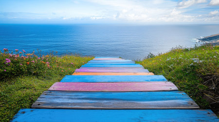 A beautiful and colorful wooden pathway leads down to the serene ocean, framed by green grass and blooming flowers, offering a perfect nature escape.の素材