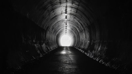 A striking black and white image of a long tunnel with a bright light at the end, symbolizing journey and exploration amidst darkness.の素材