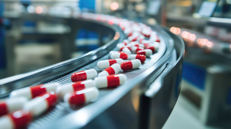 A close-up view of a production line showcasing red and white capsules moving along a conveyor belt in a modern pharmaceutical manufacturing facility.の素材