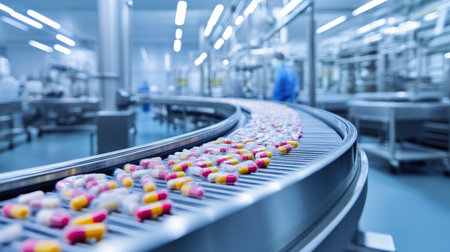 A vibrant view of a modern pharmaceutical production line showcasing colorful capsules on a conveyor belt. The clean and organized facility reflects advanced technology in drug manufacturing.の素材