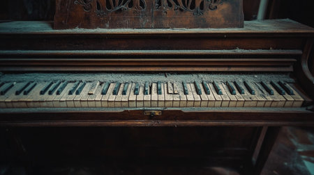 A mesmerizing view of a dusty vintage piano, showcasing its old keys and elegant design in an abandoned space. This image captures a nostalgic atmosphere filled with memories.の素材