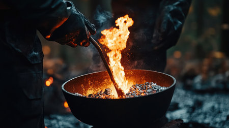 A skilled blacksmith engages with intense flames and glowing iron in a dark forest, showcasing craftsmanship, ancient techniques, and the art of forging.の素材