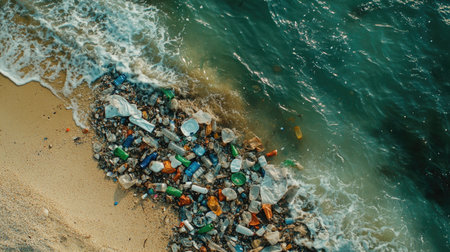 This aerial view captures the alarming accumulation of plastic waste along a beach, highlighting environmental pollution and its impact on nature.の素材