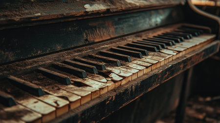 This close-up image captures the weathered keys of an abandoned piano, highlighting the dust and decay that tell a story of time and neglect.の素材