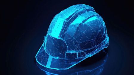 A captivating digital illustration of a construction helmet, visualized in a blue, transparent mesh design, symbolizing safety and technological innovation in construction.の素材