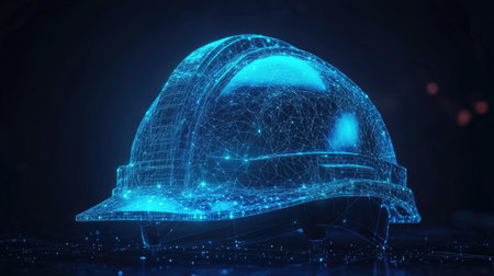 This image features a digital construction helmet illuminated with blue neon lights, symbolizing the intersection of safety and advanced technology in engineering.の素材