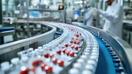 This image captures a modern pharmaceutical production line with bottles moving along a conveyor belt. Technicians in clean room attire oversee the process, emphasizing safety and quality control in the manufacturing environment.の素材