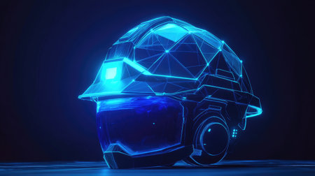 This digital art piece showcases a futuristic helmet featuring a blue light design and geometric patterns, exuding a modern and innovative aesthetic.の素材