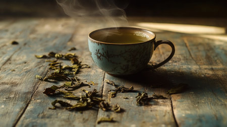 A beautiful steaming cup of tea is elegantly placed on a rustic wooden table, surrounded by fresh green leaves, creating a warm and inviting atmosphere.の素材